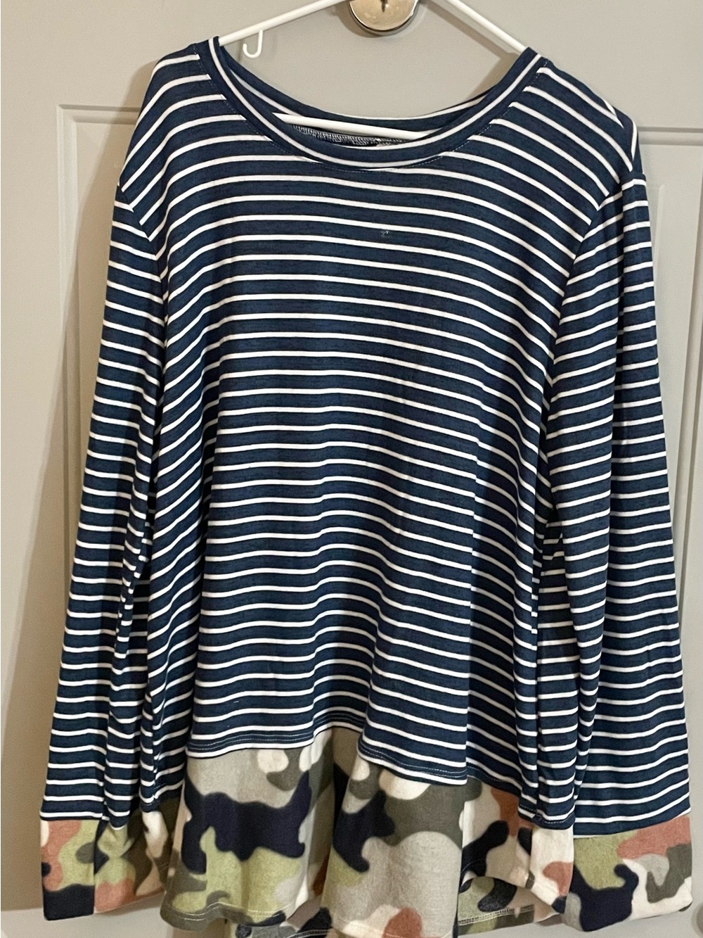Celeste Black and White Striped Long Sleeve Top with Camo Hem